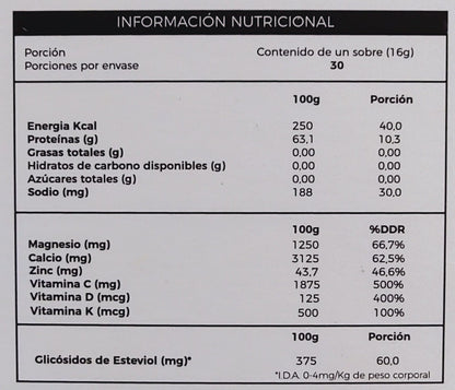 Información nutricional de Colágeno hidrolizado Ca+Zn+Mg+Vitaminas con especificación de ingredientes, Ortomolecular Chile