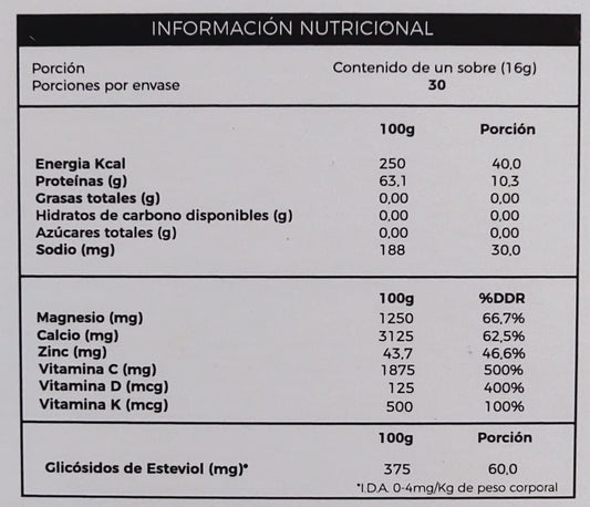 Información nutricional de Colágeno hidrolizado Ca+Zn+Mg+Vitaminas con especificación de ingredientes, Ortomolecular Chile