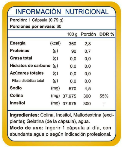 Información nutricional Colina & Inositol, con especificación de ingredientes, Ortomolecular Chile 