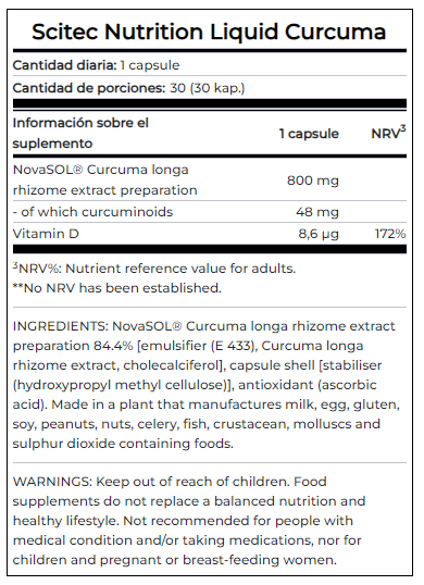 Información nutricional de Curcuma con especificación de ingredientes y precauciones, 30 cápsulas, Ortomolecular Chile 