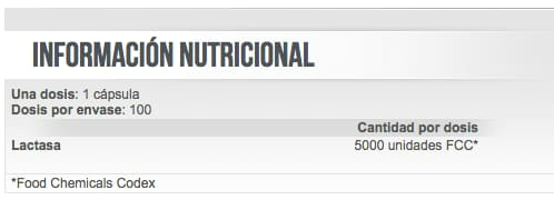 Información nutricional Enzima Lactasa, 100 cápsulas, Ortomolecular Chile 