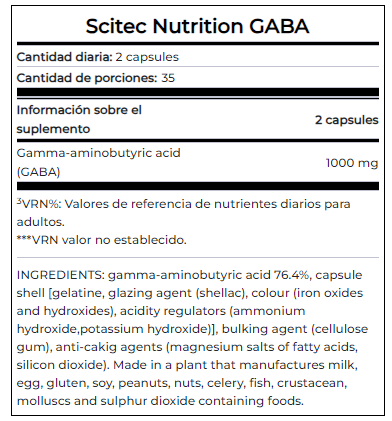 Información nutricional con especificación de ingredientes de GABA 1.000 mg, 70 cápsulas, 35 servicios, Ortomolecular Chile