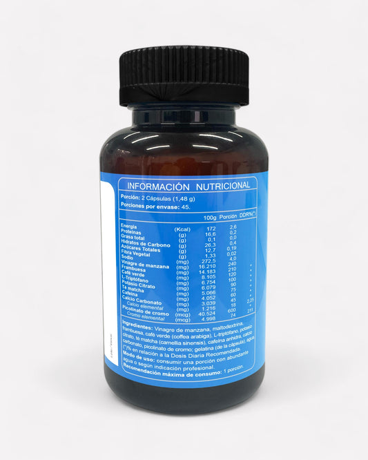 Frasco de Keto Blue reverso con información nutricional y especificación de ingredientes, Ortomolecular Chile