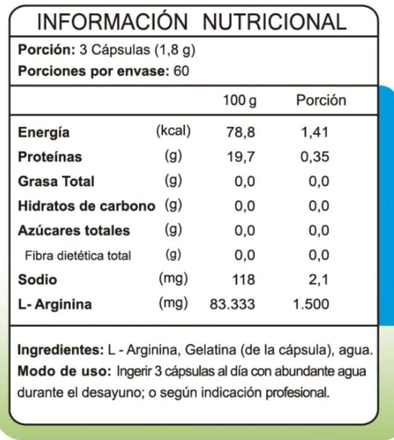 Información nutricional L-Arginina con especificación de ingredientes, Ortomolecular Chile 