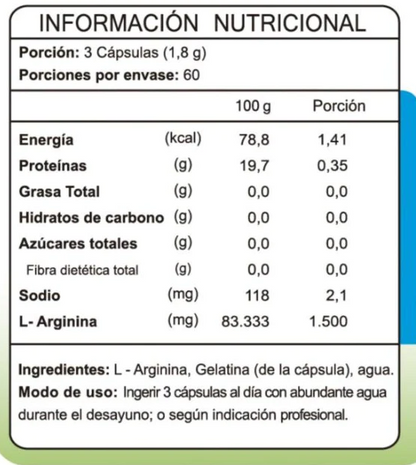 Información nutricional L-Arginina con especificación de ingredientes, Ortomolecular Chile 