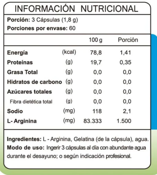 Información nutricional L-Arginina con especificación de ingredientes, Ortomolecular Chile 