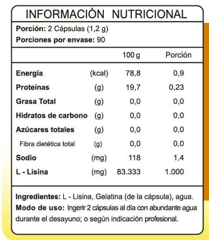 Información nutricional de L-Lisina 1000 mg, 180 cápsulas, con especificación de ingredientes, Ortomolecular Chile 