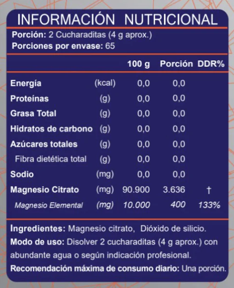Información nutricional Magnesio Citrato en polvo, con especificación de ingredientes, Ortomolecular Chile 