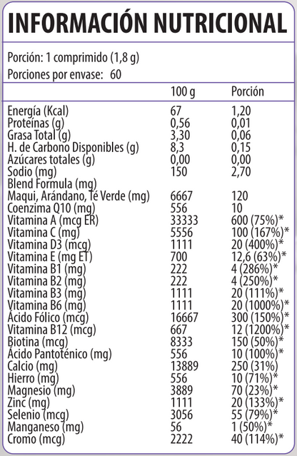 Información nutricional con especificación de ingredientes MultiWoman, Ortomolecular Chile 