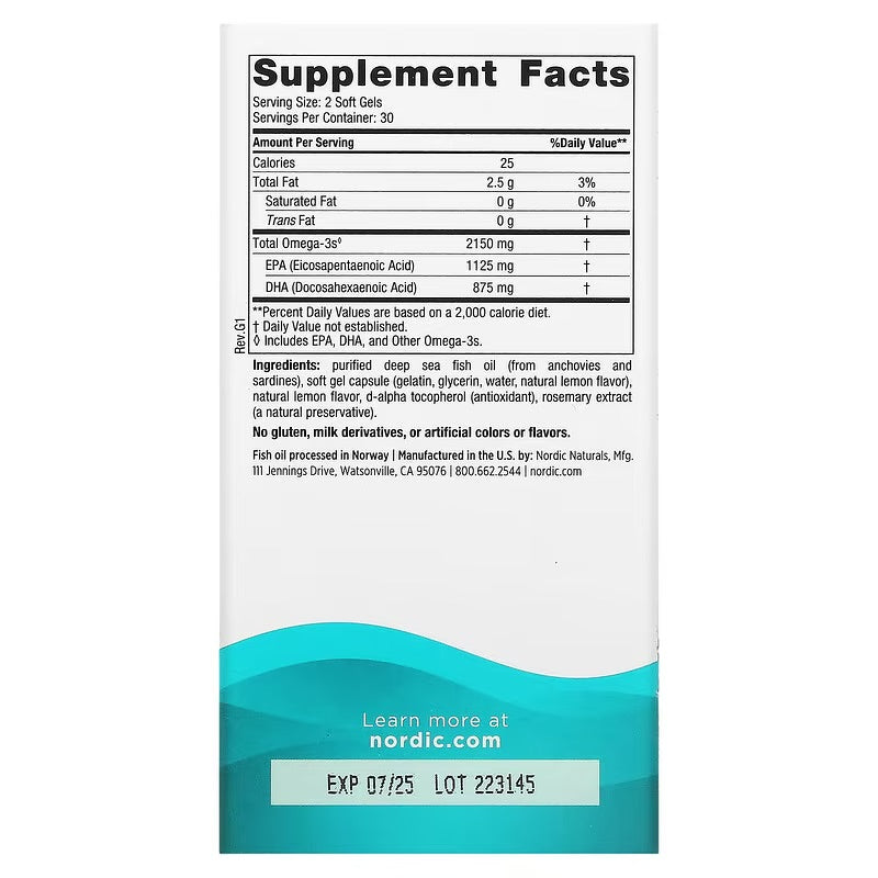 Reverso de caja de Omega 3 Ultimate 2x Nordic con información nutricional y especificación de ingredientes, Ortomolecular Chile 