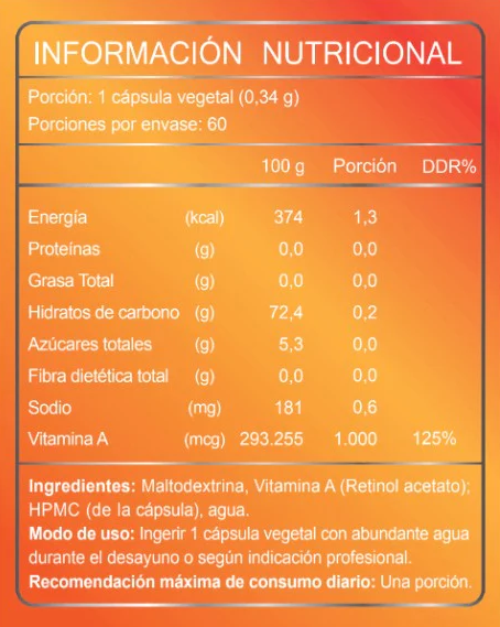 Información nutricional con especificación de ingredientes de Vitamina A (retinol), Ortomolecular Chile 