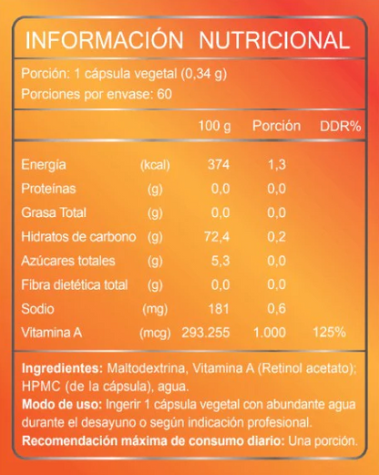 Información nutricional con especificación de ingredientes de Vitamina A (retinol), Ortomolecular Chile 