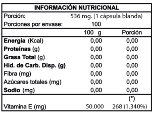 Información nutricional de Vitamina E-400 mix tocoferoles, 100 softgels (cápsulas blandas), Ortomolecular Chile 