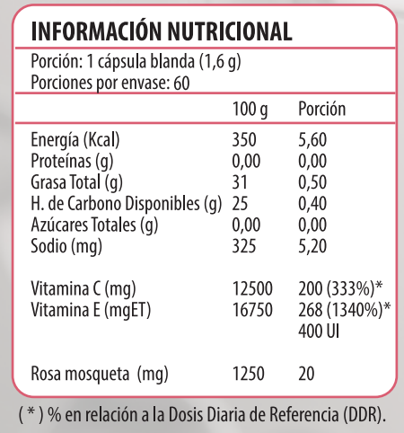 Información nutricional Vitamina E + Vitamina C + Rosa Mosqueta, 60 cápsulas, Ortomolecular Chile 