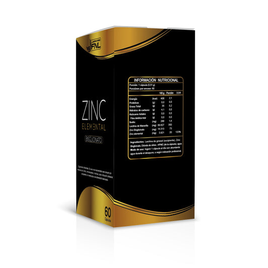 Caja costado con información nutricional Zinc elemental Bisglicinato 20 mg, 60 cápsulas, Ortomolecular Chile 