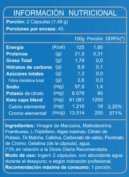 Etiqueta de información nutricional de Keto Blue 90 cápsulas con especificación de ingredientes, Ortomolecular Chile 