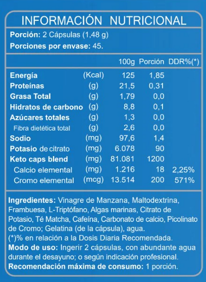 Etiqueta de información nutricional de Keto Blue 90 cápsulas con especificación de ingredientes, Ortomolecular Chile 