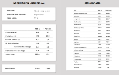 Información nutricional y Aminograma de Proteína Lupino Cacao Astral en polvo, Ortomolecular Chile 