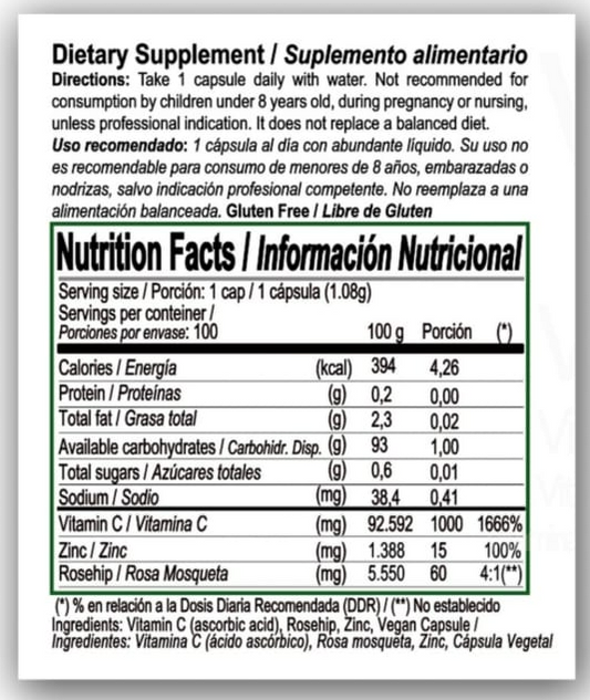 Información nutricional y eso de Vitamina c con rosa mosqueta y zinc 1000 mg, con especificación de ingredientes, Ortomolecular Chile 