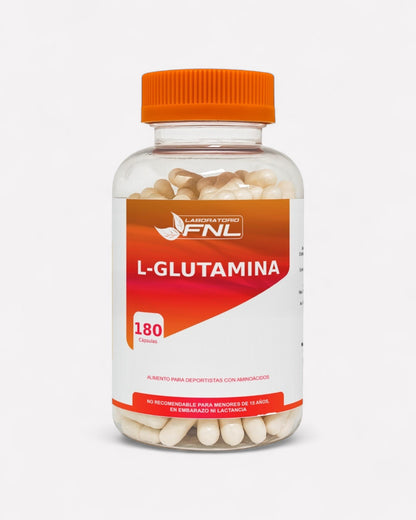 L-Glutamina de frasco transparente, etiqueta y tapa naranja