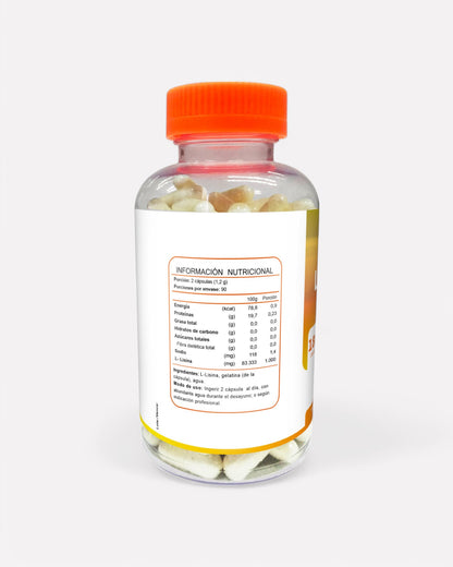 Reverso de frasco L-Lisina 1000 mg, 180 cápsulas, Ortomolecular Chile 