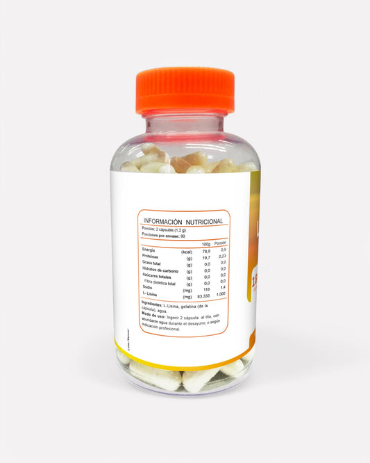 Reverso de frasco L-Lisina 1000 mg, 180 cápsulas, Ortomolecular Chile 