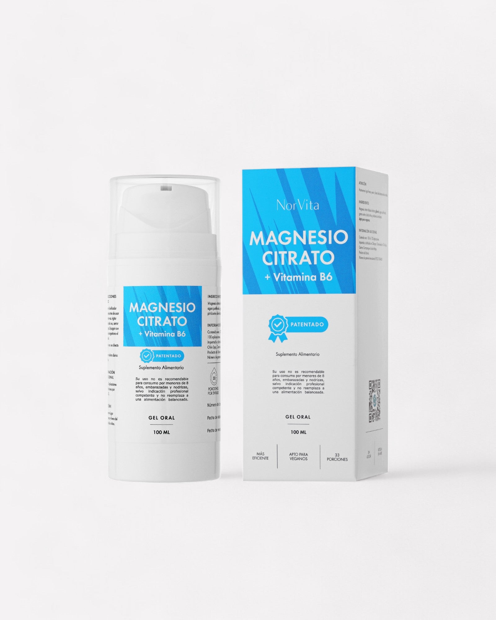 Frasco y caja de Magnesio citrato en gel con vitamina b6 ideal para dormir, formula patentada del laboratorio europeo Norvita