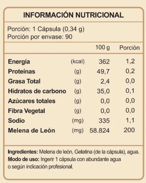 Información nutricional melena de leon 90 capsulas. ortomolecular chile