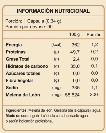 Información nutricional melena de leon 90 capsulas. ortomolecular chile