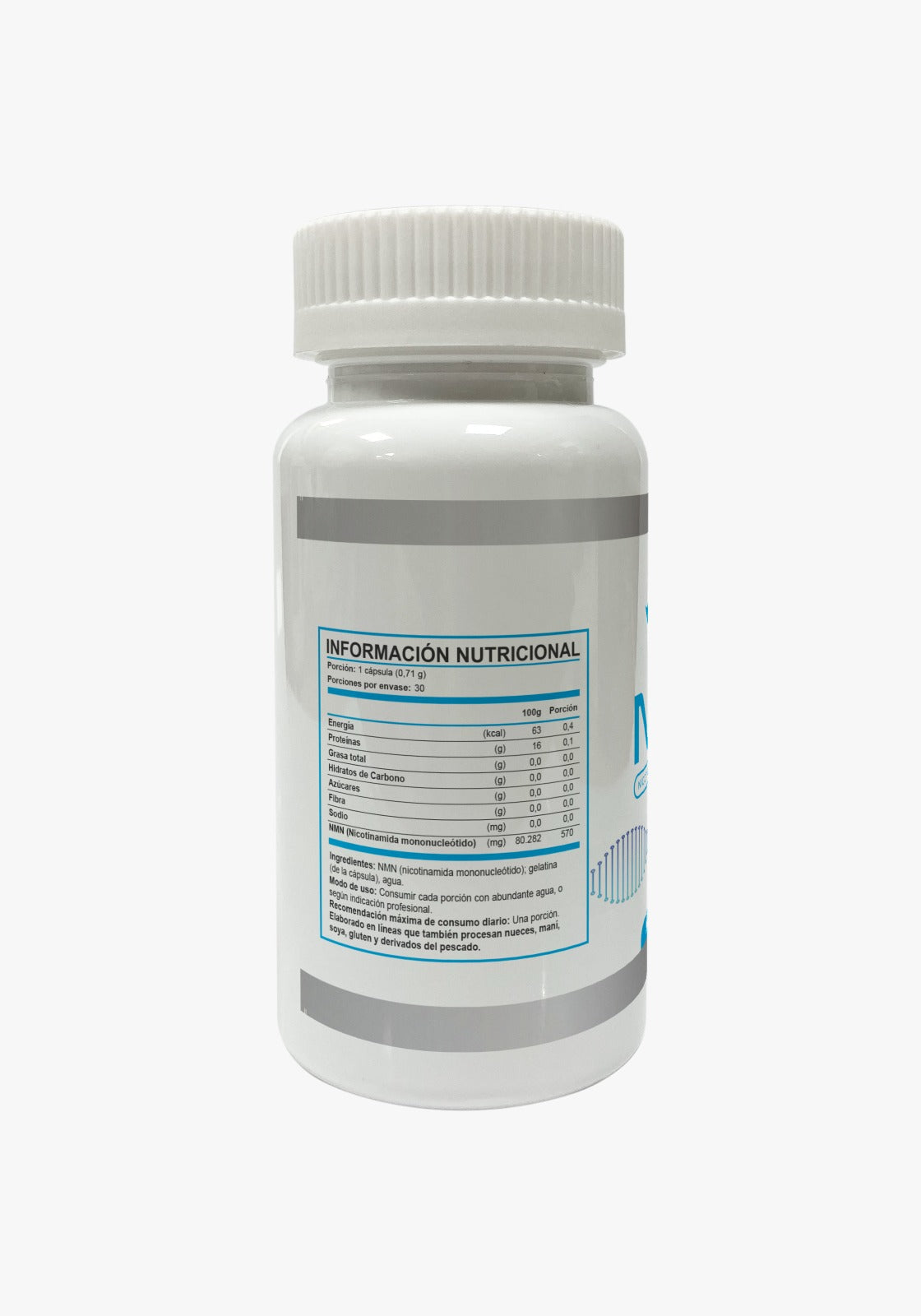 Reverso de frasco de NMN 570 mg con información nutricional y especificación de ingredientes, Ortomolecular Chile 