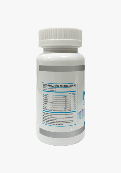 Reverso de frasco de NMN 570 mg con información nutricional y especificación de ingredientes, Ortomolecular Chile 