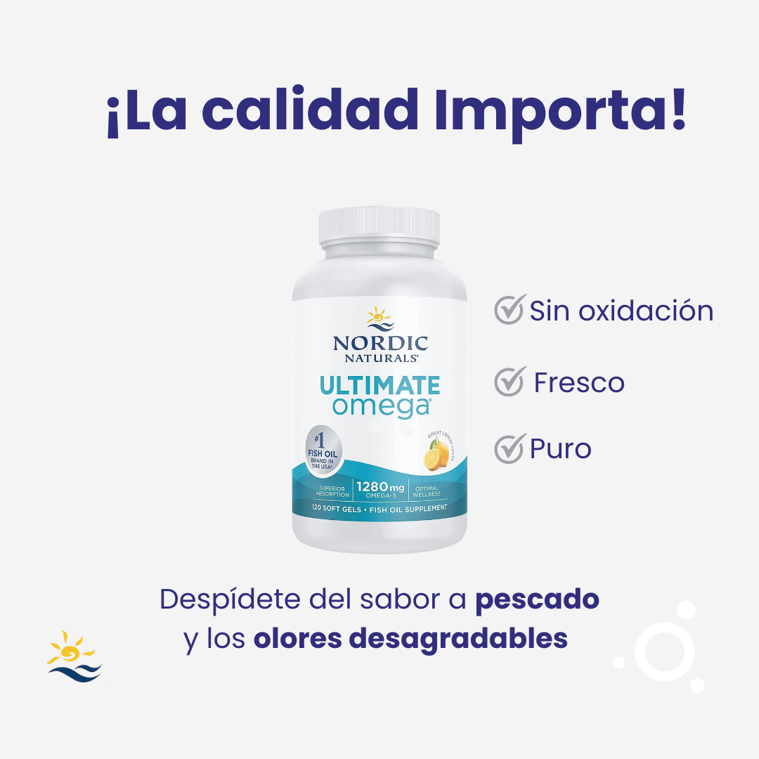 Grafica diciendo que la calidad importa, sin oxidación, fresco, puro, sin sabor a pescado y olores desagradables.El mejor omega 3 del mundo, Nordic Naturals