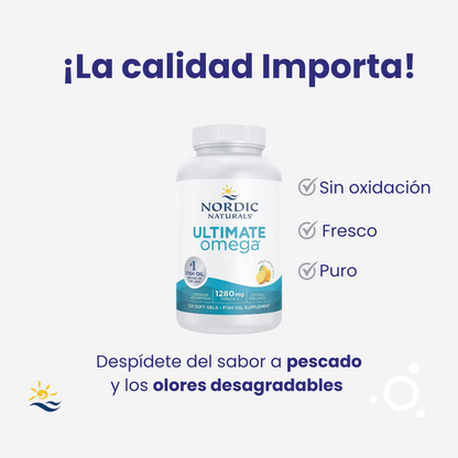 Grafica diciendo que la calidad importa, sin oxidación, fresco, puro, sin sabor a pescado y olores desagradables.
El mejor omega 3 del mundo, Nordic Naturals