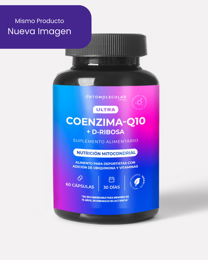 Nueva imagen de frasco de Coenzima Q10 + D Ribosa, Ortomolecular Chile 