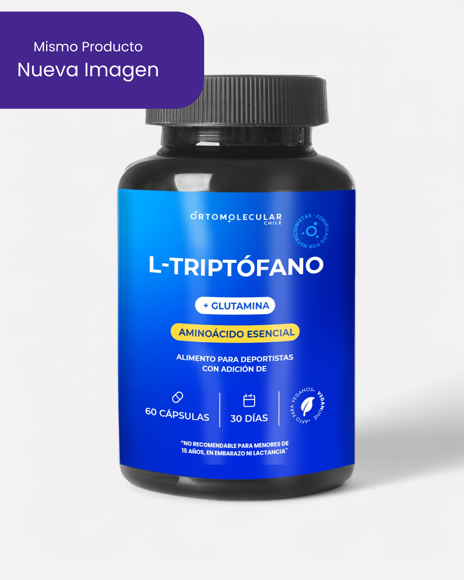 Nueva imagen de L Triptófano + Glutamina, 60 cápsulas, Ortomolecular Chile 