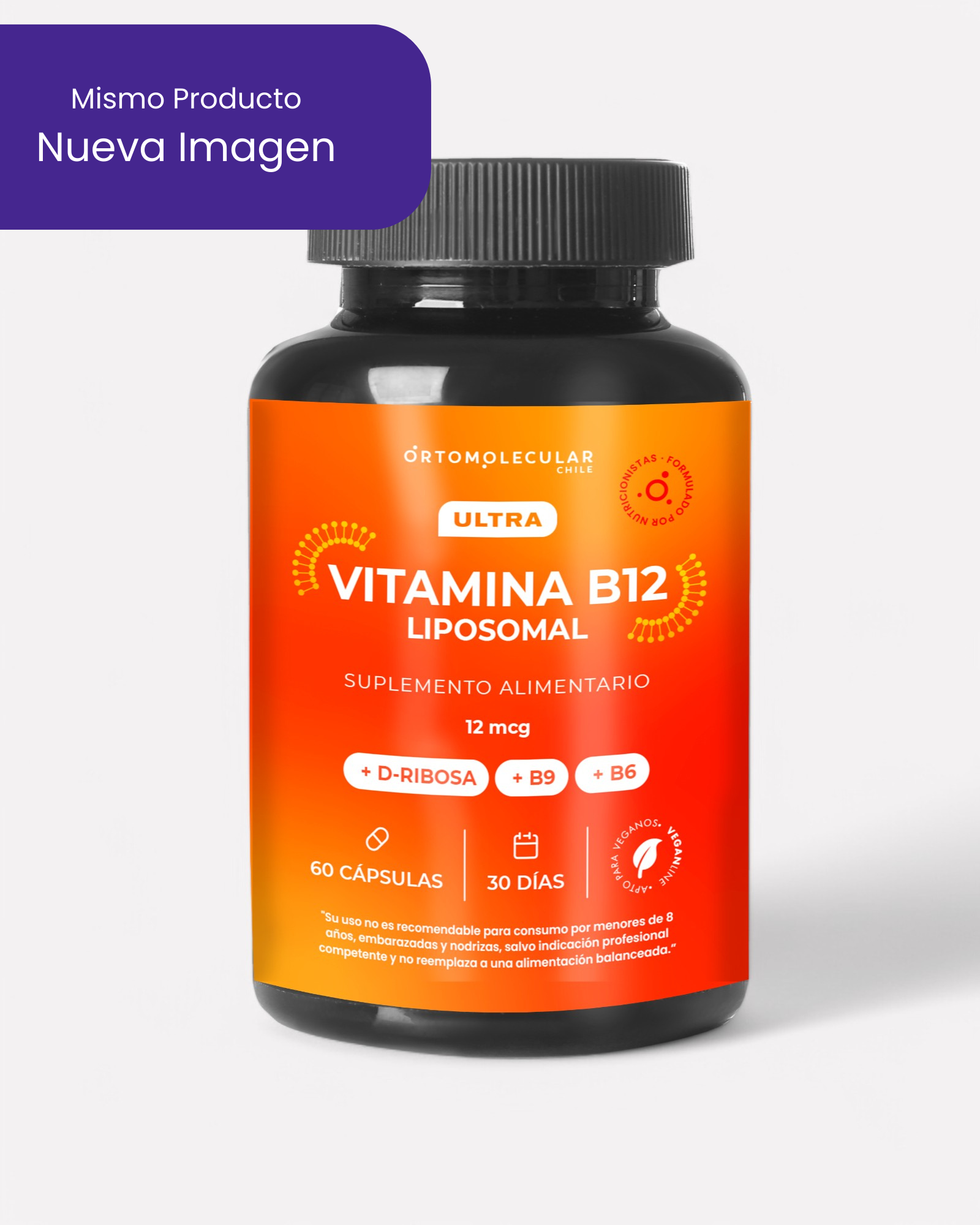 Nueva imagen de frasco de Vitamina B12 Liposomal 12mcg, 60 cápsulas, Ortomolecular Chile 