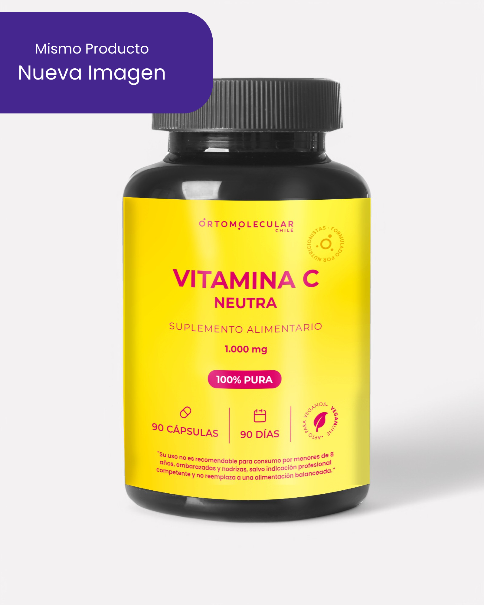 Nueva imagen de frasco de Vitamina C Neutra 1.000mg, 90 cápsulas, Ortomolecular Chile