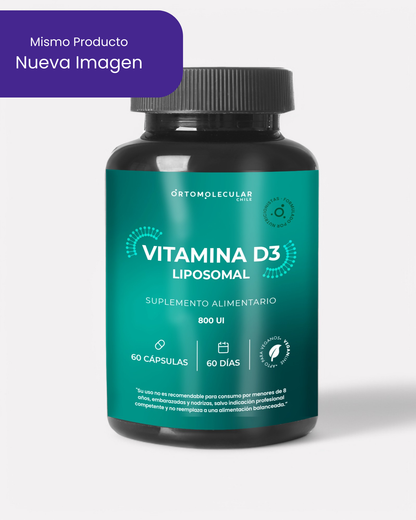 Nueva imagen de frasco de Vitamina D3 Liposomal 800UI, 60 cápsulas, Ortomolecular Chile 