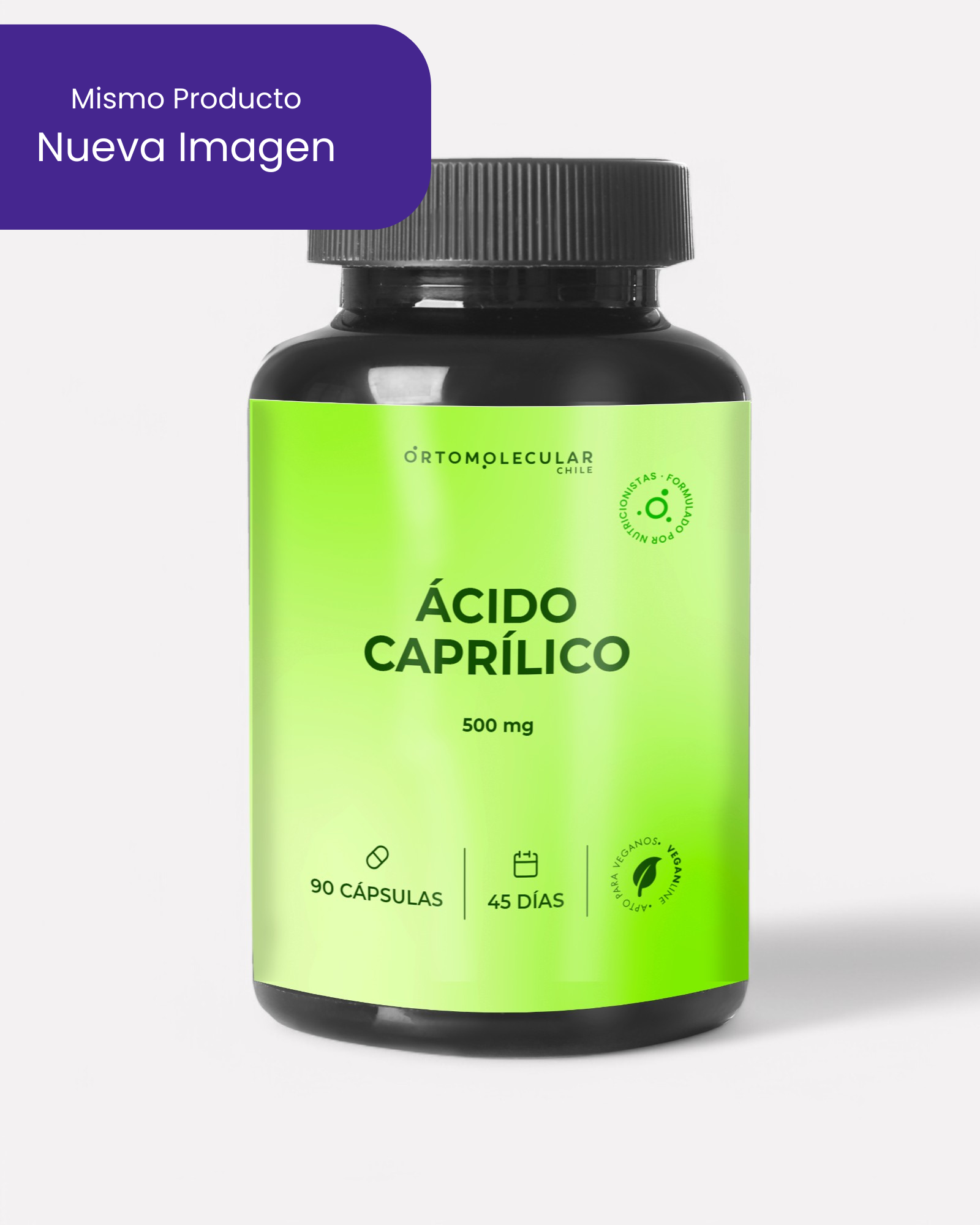 Nueva imagen de frasco de Ácido Caprílico 500 mg, 90 cápsulas, Ortomolecular Chile 