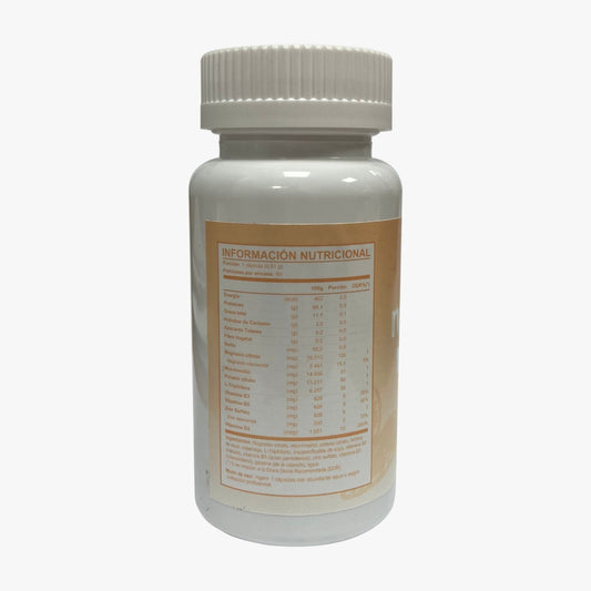 Reverso de frasco Nutrafem con información nutricional y especificación de ingredientes, Ortomolecular Chile 