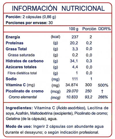 Picolinato de cromo+vitamina C+azafrán-60 cáps