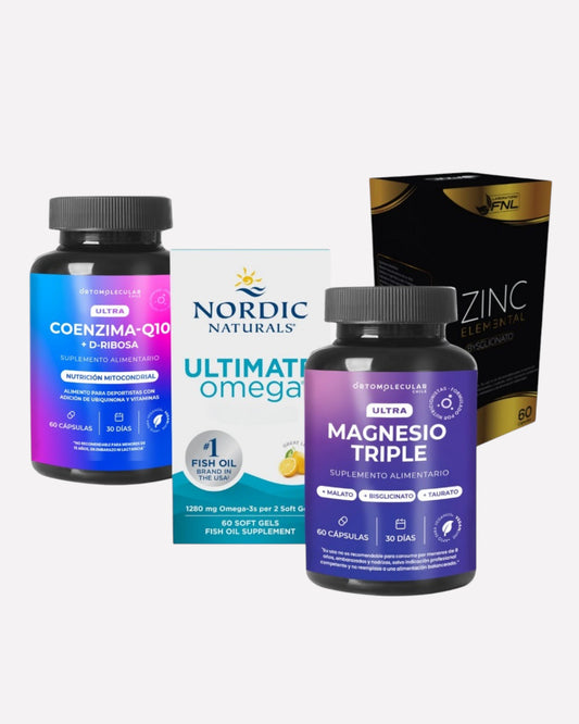 Andropausia plus, pack que contiene coenzima q10+D-ribosa, ultimate omega 3 de 1280 mg, magnesio triple y zinc.