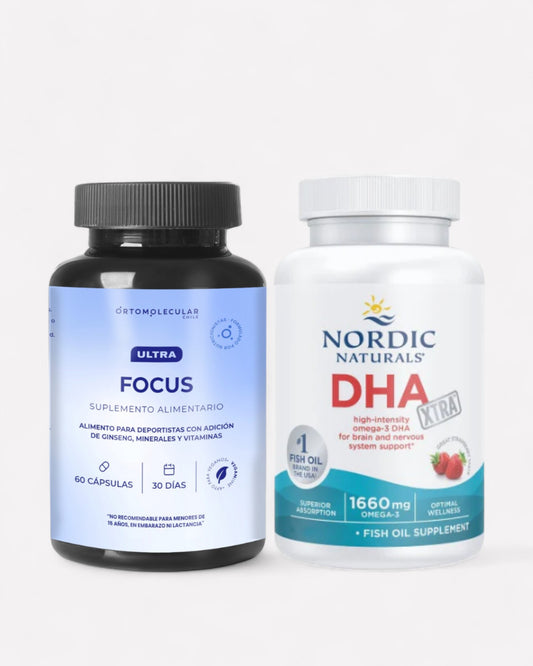 El pack se compone por Ultra Focus y omega 3 DHA Extra de Nordic Naturals