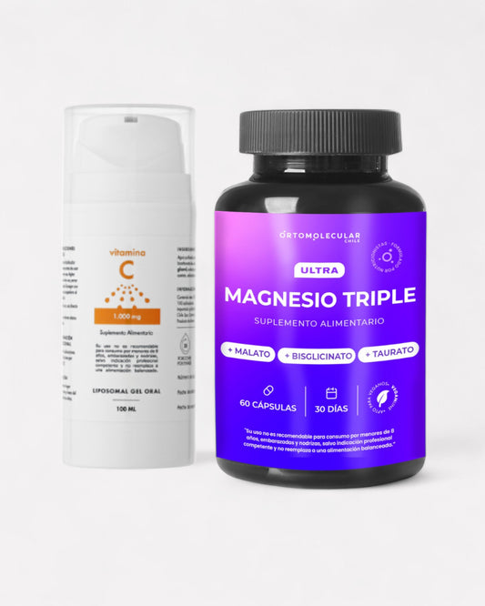 Pack compuesto por Ultra Magnesio Triple que contiene malato, bisclicinato y taurato. Junto a una vitamina C Liposomal en gel de 1000mg