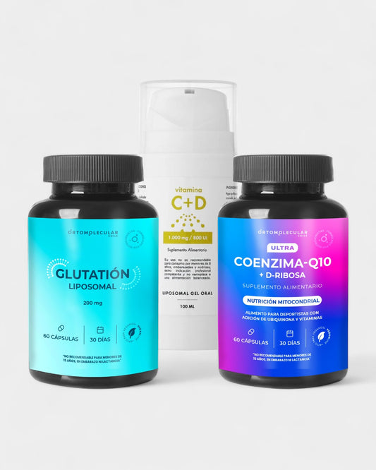 Pack Recupera Energía, compuesto por Glutatión reducido liposomal, Vitamina C+D liposomal oral gel y Coenzima q10 + D-Ribosa, Ortomolecular Chile