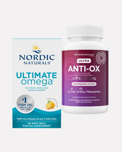 Pack que contiene omega  de 1280mg en softgel de 60 capsulas y antioxidantes, astaxantina, zeaxantina, luteina, glutation