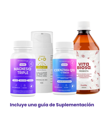 pack que incluye magnesio triple, vitamina c+d, coenzima q10+ D ribosa y probioticos