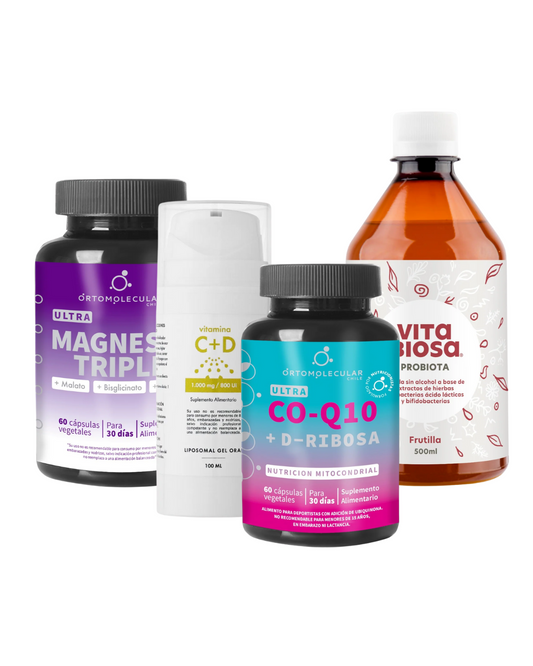 Pack que contiene Ultra Magnesio Triple, Vitamina C+D liposomal en gel, Coenzima Q10+ D-Ribosa y Vitabiosa sabor frutilla
