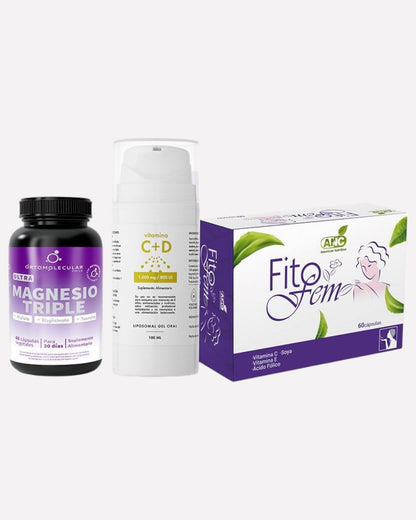 Pack compuesto por ltra magnesio triple, vitamina c+d en gel y fitofem. Ayuda a los bochornos y sintomas de la menopausia