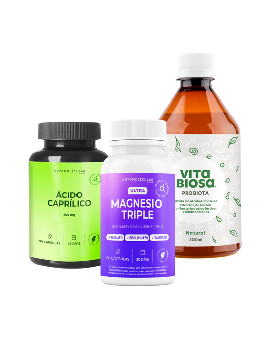 Pack para la microbiota que contiene acido caprilico marca ortomolecular chile, Magnesio triple ortomolecular chile y probiotico liquido Vitabiosa Probiota